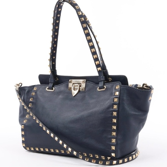 Valentino Garavani Handbags - Valentino Garavani Blue Vitello Rockstud 2 Ways Small Shoulder Tote Bag